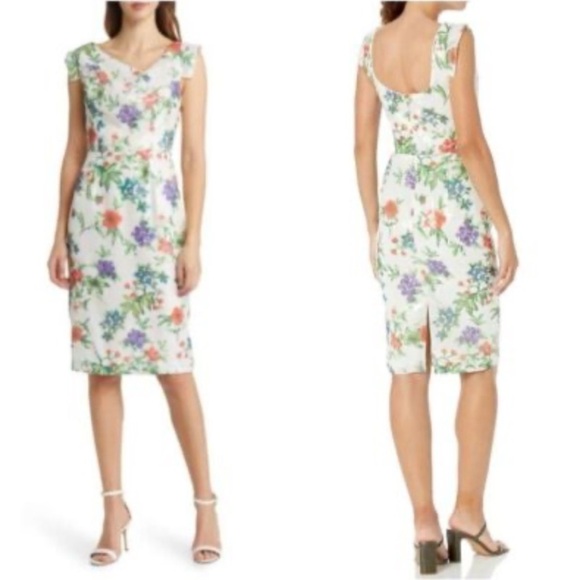 Black Halo Jackie O Sheath Dress White Floral Sequin Garden Party Sheath Size 6 - Picture 7 of 11